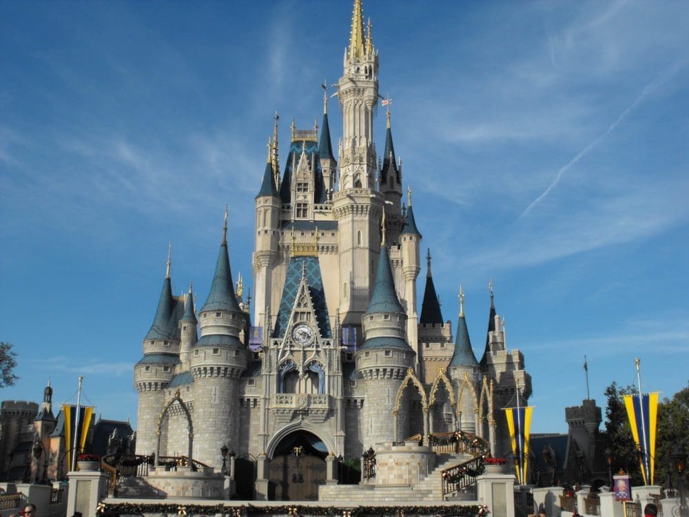 A castle like building with blue and white decorations.