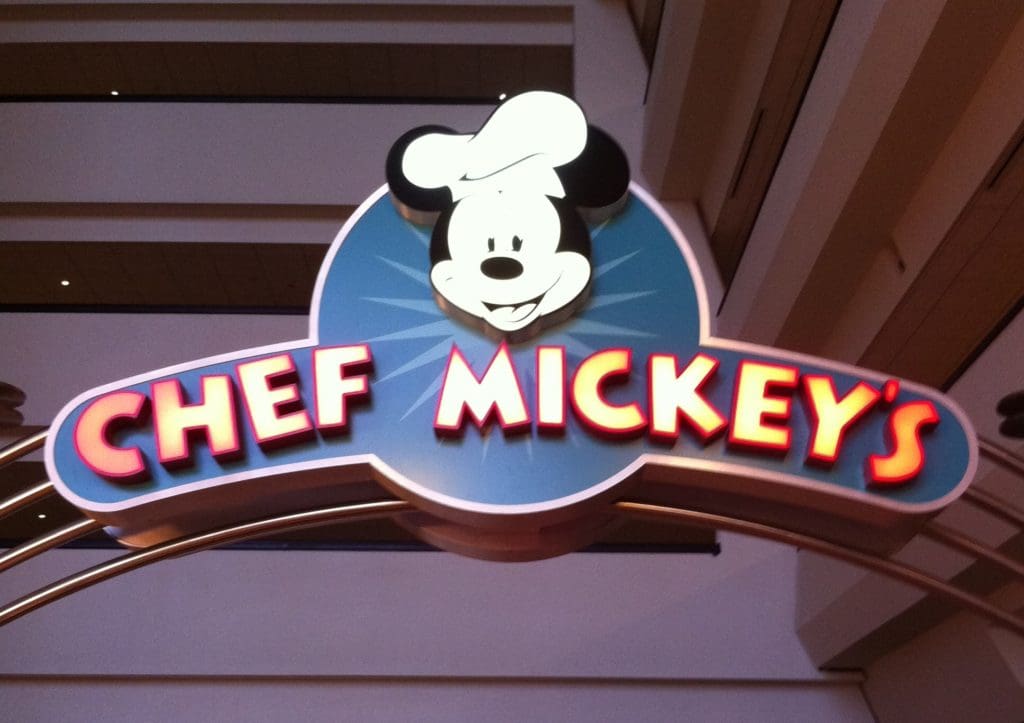 A sign for the chef mickey 's restaurant.