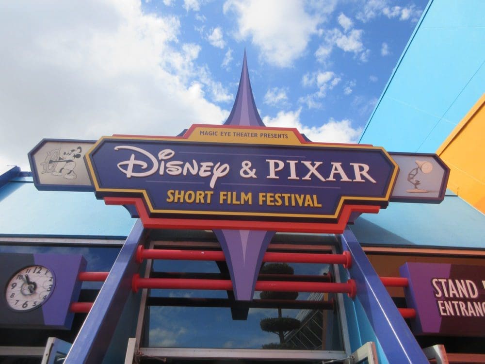 A sign for the disney and pixar short film festival.